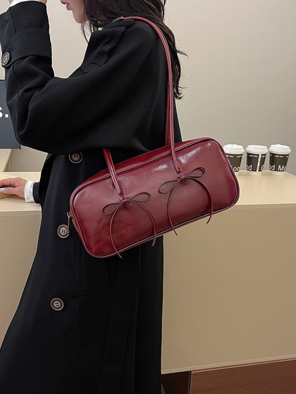 Seeing Double Leather Bow Trim Shoulder Bag