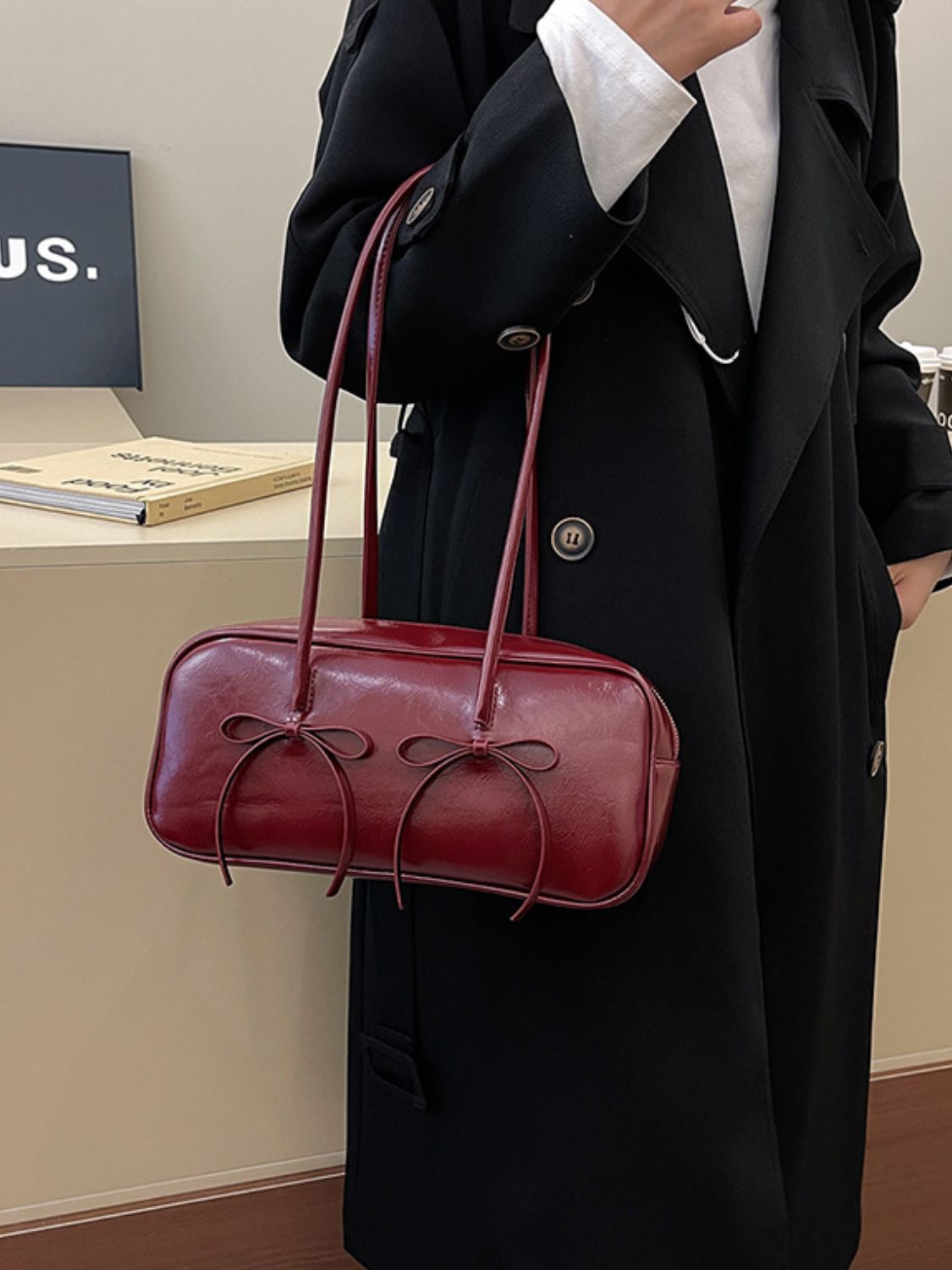 Seeing Double Leather Bow Trim Shoulder Bag