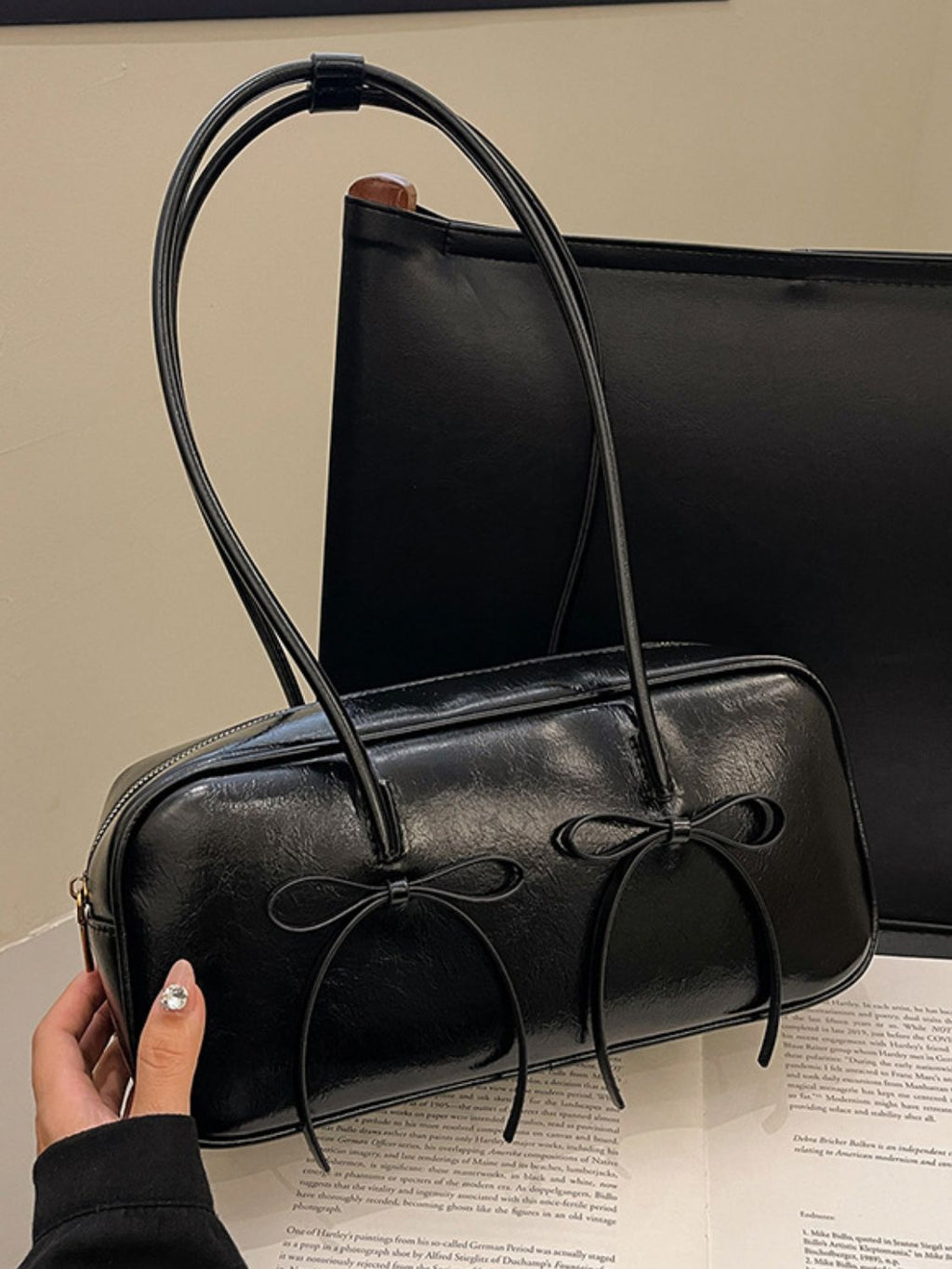 Seeing Double Leather Bow Trim Shoulder Bag