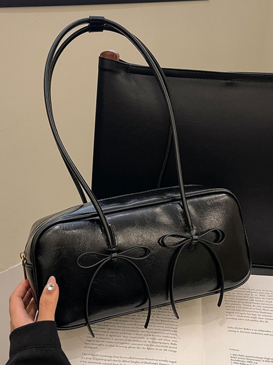 Seeing Double Leather Bow Trim Shoulder Bag