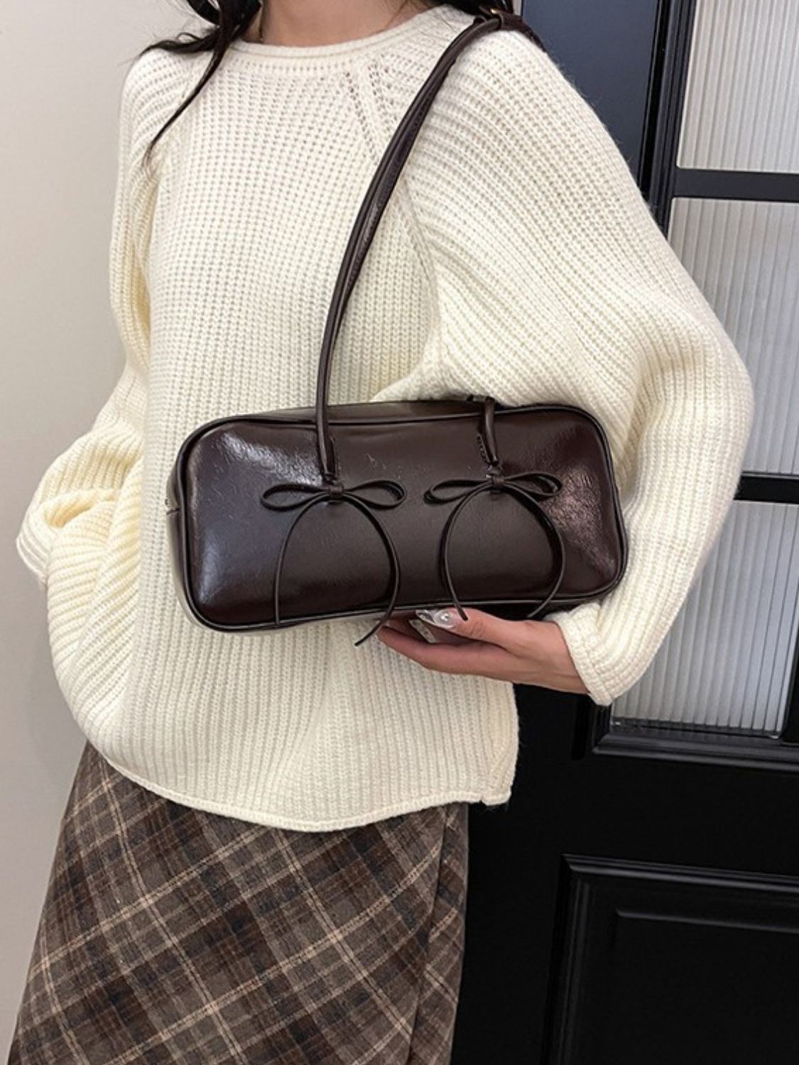 Seeing Double Leather Bow Trim Shoulder Bag