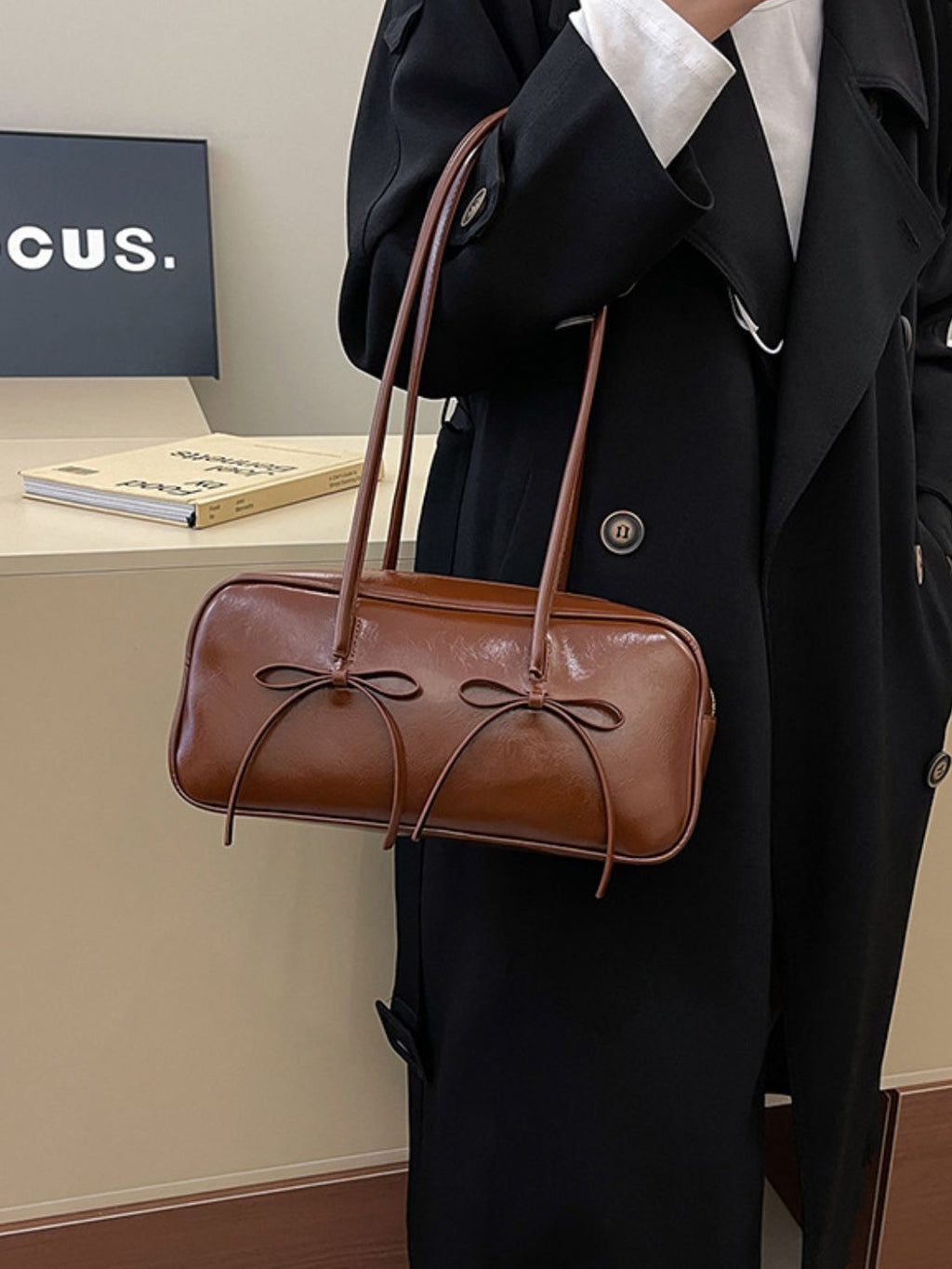 Seeing Double Leather Bow Trim Shoulder Bag
