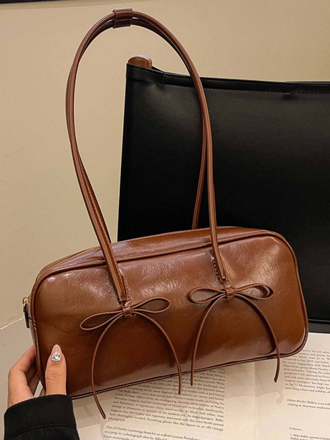 Seeing Double Leather Bow Trim Shoulder Bag
