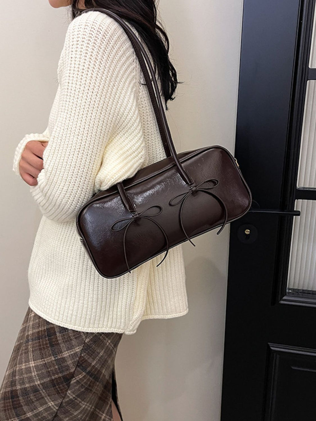 Seeing Double Leather Bow Trim Shoulder Bag