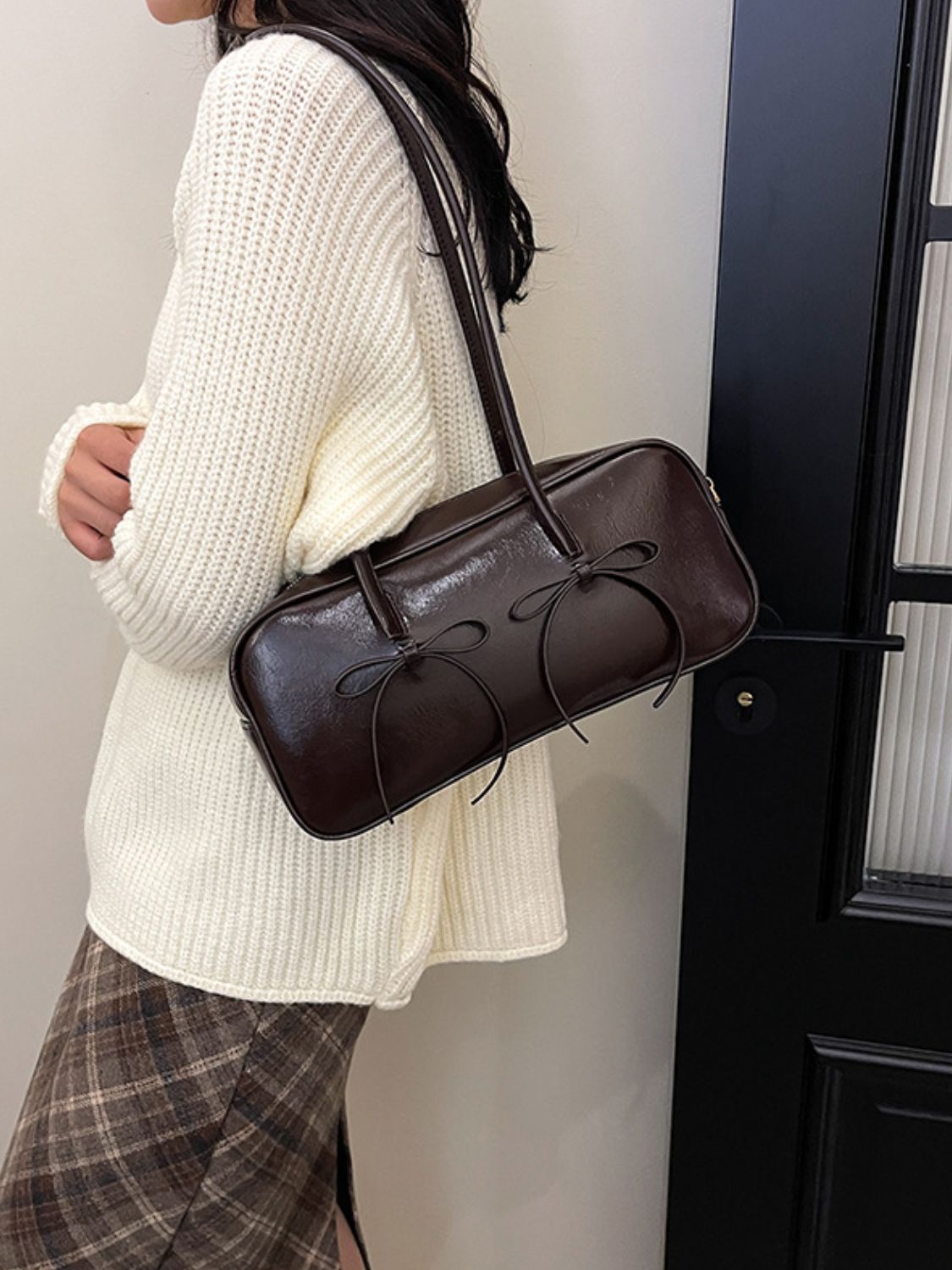 Seeing Double Leather Bow Trim Shoulder Bag