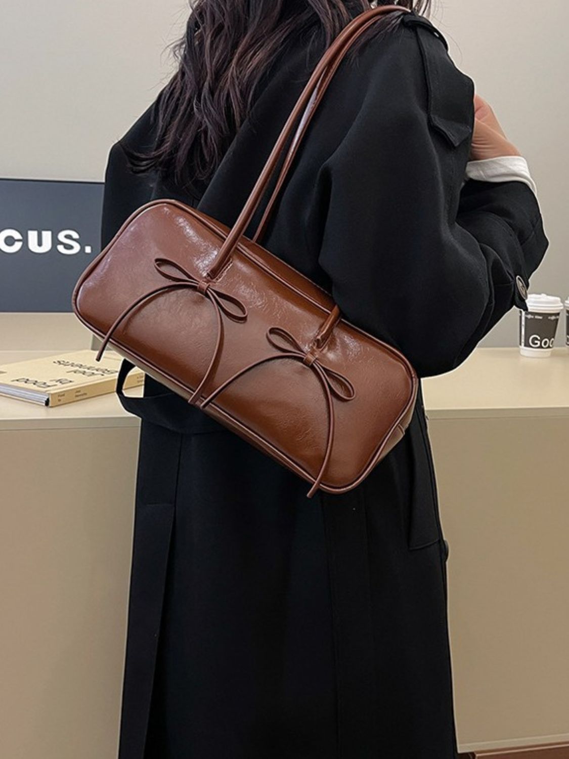 Seeing Double Leather Bow Trim Shoulder Bag