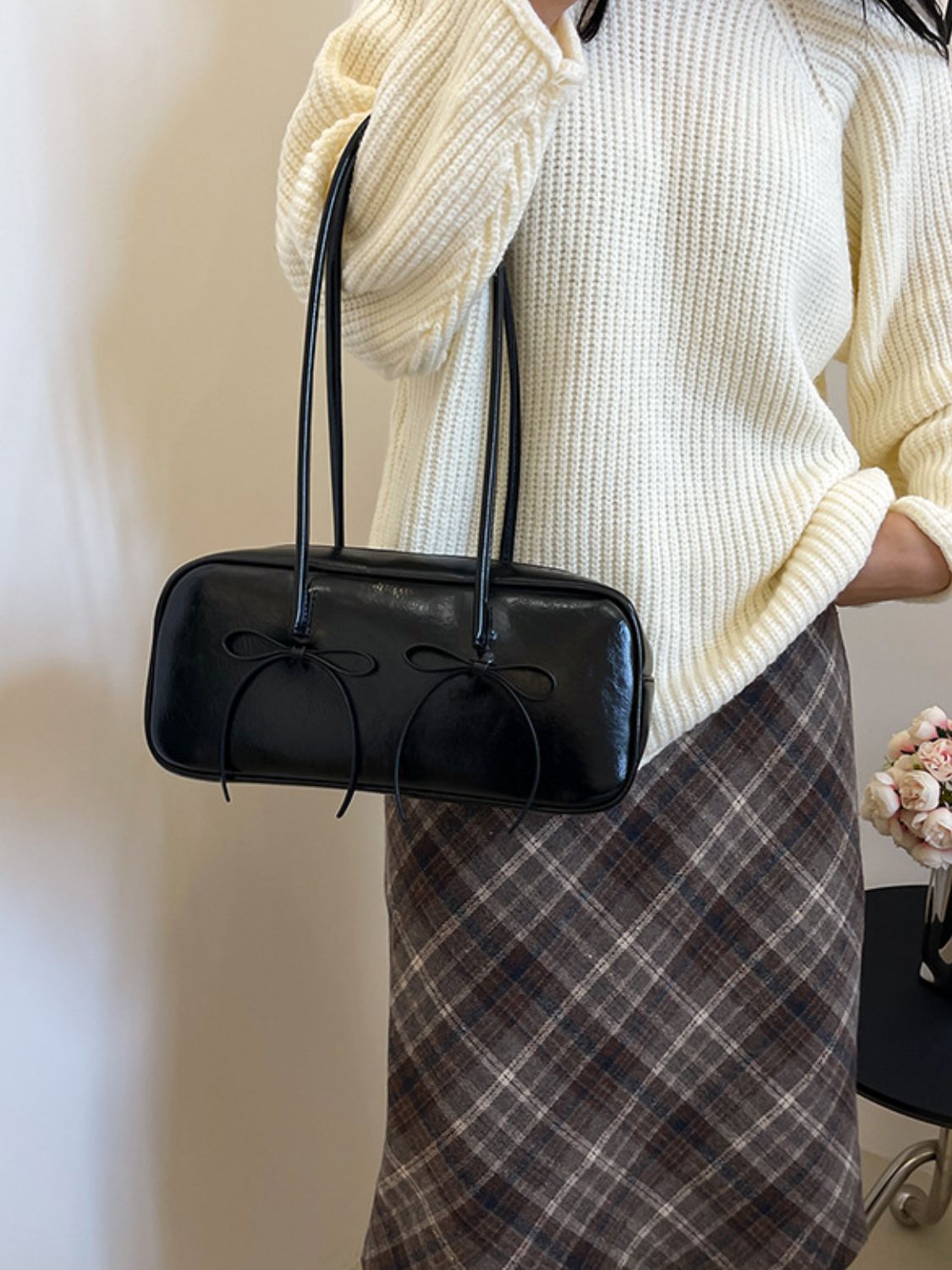 Seeing Double Leather Bow Trim Shoulder Bag