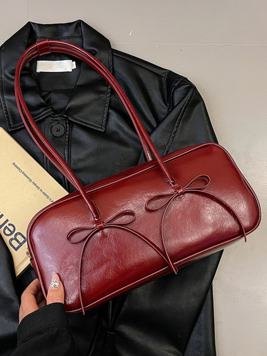 Seeing Double Leather Bow Trim Shoulder Bag