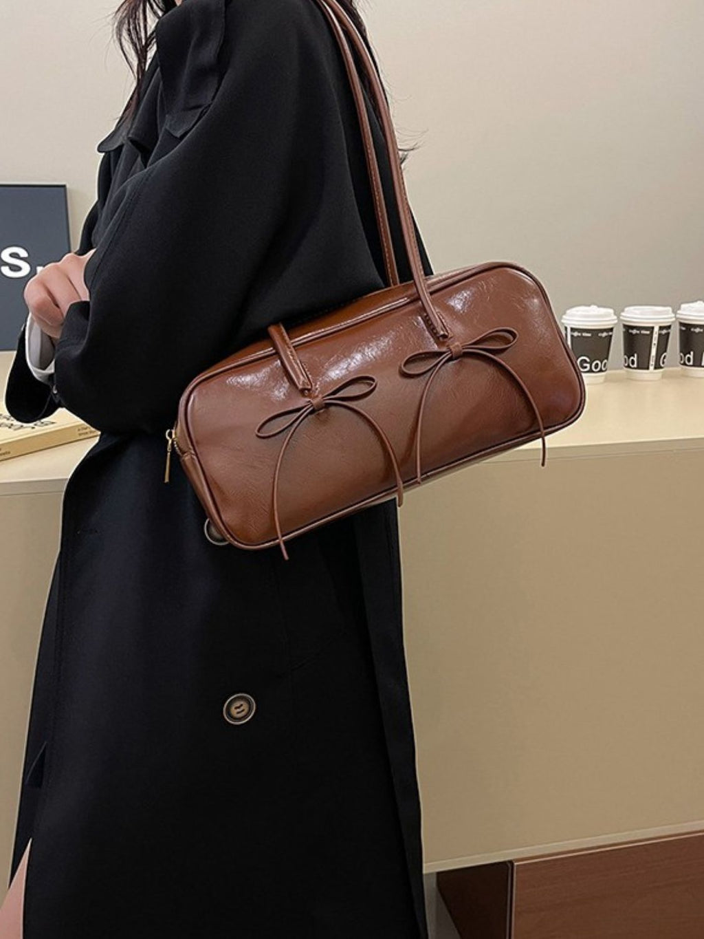 Seeing Double Leather Bow Trim Shoulder Bag